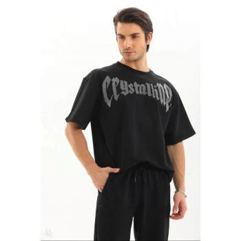 Unisex Oversize Taşlı T-Shirt - Siyah
