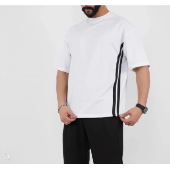 Unisex Oversize Yanları Şeritli T-Shirt - Beyaz