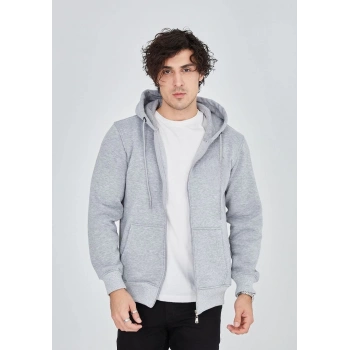 Unisex Tam Fermuarlı Kapşonlu  SweatShirt - Gri