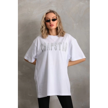 Unisex Taş Desenli Oversize T-Shirt - Beyaz