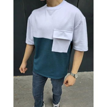 Unisex Torba Cep Detaylı Parçalı T-Shirt - Lacivert