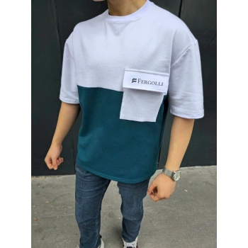 Unisex Torba Cep Detaylı  Parçalı T-Shirt - Lacivert