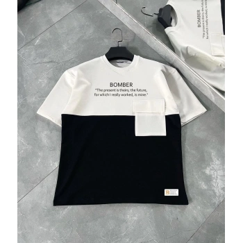 Unisex Torba Cep Detaylı  Parçalı T-Shirt - Siyah