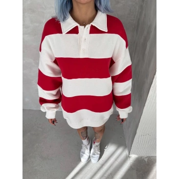 Unisex Üç İplik Parçalı Yakalı SweatShirt - Kırmızı