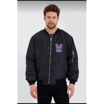 Wild One Baskılı Erkek Bomber Mont – Panter Desenli, Fermuarlı, Kapitone Astarlı Ceket - Siyah