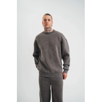 Unisex Uzun Kol Bisiklet Yaka Yıkamalı SweatShirt - Füme