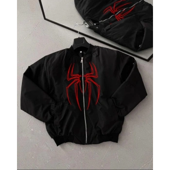 Örümcek Desenli Siyah Bomber Mont – Unisex Kullanıma Uygun, Fermuarlı Cepli, Kapitone Astarlı, Bahar Kış Günlük Giyim İçin Moda Ceket Modeli - Siyah