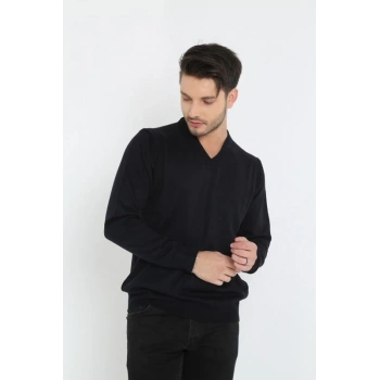 Erkek V Yaka Kazak Uzun Kol Düz Dokuma Triko - Siyah
