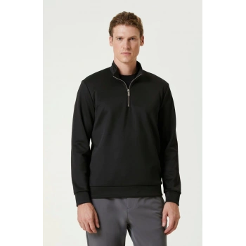 Unisex Uzun Kol Yarım Farmuarlı Yakalı Basic SweatShirt - Siyah