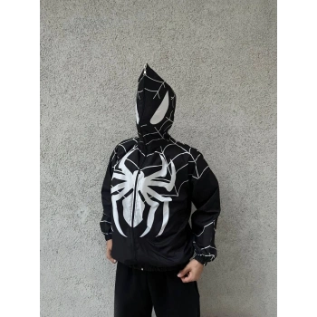 Unisex Uzun Kollu Kapşonlu Rüzgarlik - Siyah