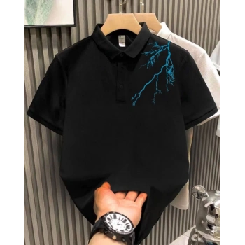 Unisex Yakası Düğmeli Oversize Baskılı T-Shirt - Siyah