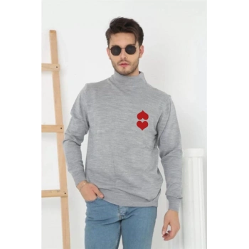 Erkek Yarım Bağazlı Kazak Baskılı Dokuma Triko - Gri