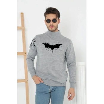 Erkek Yarım Bağazlı Kazak Baskılı Dokuma Triko - Gri