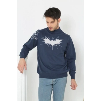 Erkek Yarım Bağazlı Kazak Baskılı Dokuma Triko - Indigo