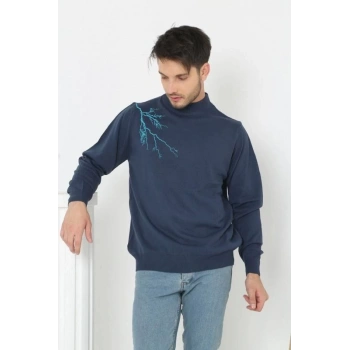 Erkek Yarım Bağazlı Kazak Baskılı Dokuma Triko - Indigo