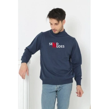 Erkek Yarım Bağazlı Kazak Baskılı Dokuma Triko - ndigo