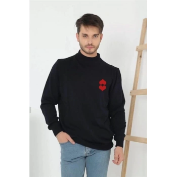 Erkek Yarım Bağazlı Kazak Baskılı Dokuma Triko - Lacivert