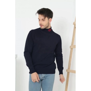 Erkek Yarım Bağazlı Kazak Öpücük Baskılı Dokuma Triko - Lacivert