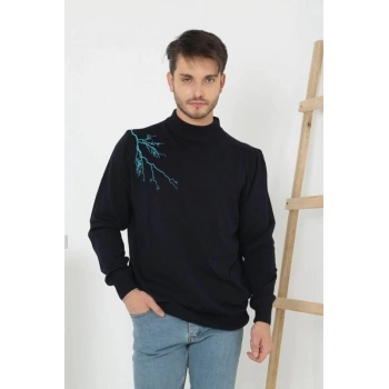 Erkek Yarım Bağazlı Kazak Baskılı Dokuma Triko - Siyah