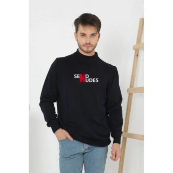 Erkek Yarım Bağazlı Kazak Baskılı Dokuma Triko - Siyah