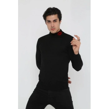 Erkek Yarım Bağazlı Kazak öpücük Baskılı Dokuma Triko - Siyah