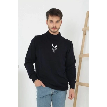 Erkek Yarım Bağazlı Kazak Baskılı Dokuma Triko - Siyah