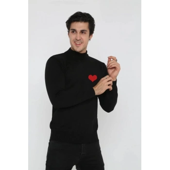 Erkek Yarım Bağazlı Kazak Kalp Baskılı Dokuma Triko - Siyah
