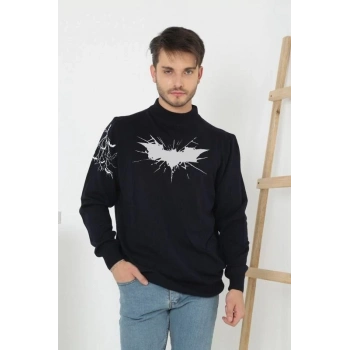 Erkek Yarım Bağazlı Kazak Baskılı Dokuma Triko - Siyah