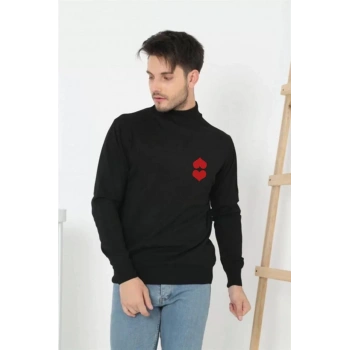 Erkek Yarım Bağazlı Kazak Baskılı Dokuma Triko - Siyah