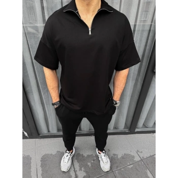 Unisex Yarım Fermuarlı Basic T-Shirt - Siyah