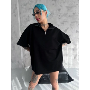 Unisex Yarım Fermuarlı Basic T-Shirt - Siyah