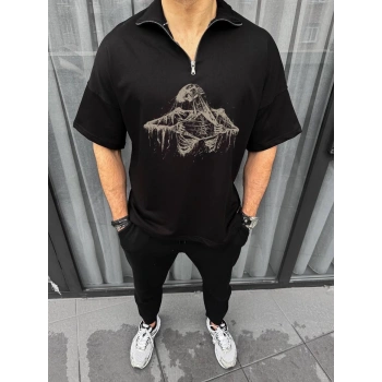 Unisex Yarım Fermuarlı Baskılı Oversize T-Shirt - Siyah