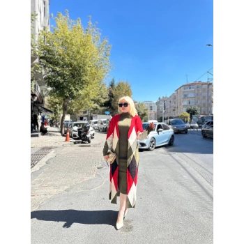 Uzun hırka içi elbise ikili triko takım ekose baklava desen haki kırmızı