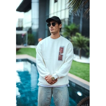 Uzun Kol Bisiklet Yaka Ön ve Arka Baskılı SweatShirt - Beyaz