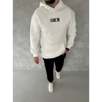 Uzun Kol Kapüşonlu Göğüs Baskılı SweatShirt - Beyaz