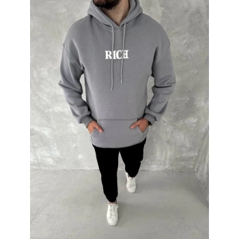 Erkek 3 İplik Pamuklu Kapüşonlu Kanguru Cepli Baskılı Oversize Hoodie Sweatshirt - Gri