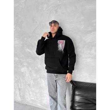 Uzun Kol Kapüşonlu Ön Ve Arka Baskılı SweatShirt - Siyah