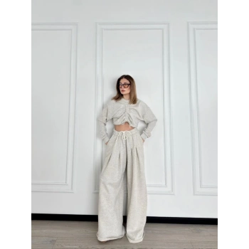 Uzun Kollu Önü İp Büzgülü Crop ve Pantolon İkili Takım - Gri
