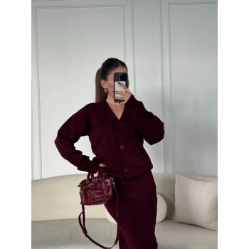 V Yaka 3 Düğmeli Hırka Takım Triko İkili Etekli - Bordo