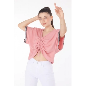 V yaka büzgülü detaylı bluz