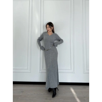 V Yaka Fitilli Uzun Elbise- Gri