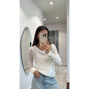 Kadın V Yaka uzun Kollu Triko ince Bluz - Beyaz