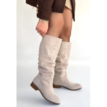 Winda Bej Süet Körüklü Topuklu Çizme