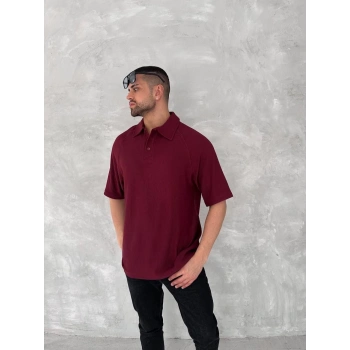 Yakalı Patlı Kısa Kol T-shirt - Bordo