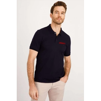 Yakası Düğmeli Yakalı Pike Baskılı T-Shirt - Beyaz