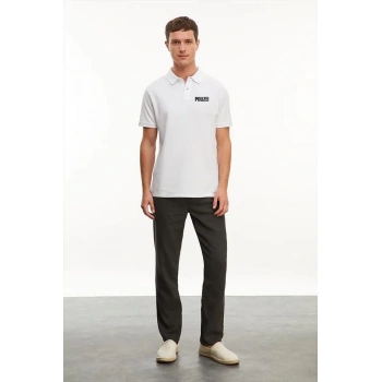 Erkek Yakası Düğmeli Yakalı Pike Baskılı T-Shirt - Beyaz