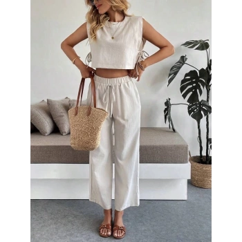 Yan bağlama detaylı pantolonlu takım bej