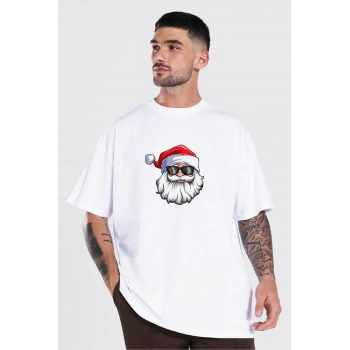 Yılbaşı Gözlüklü Noel Baba Baskılı Kısa Kollu Oversize Bisiklet Yaka T-shirt - Beyaz