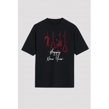 Yılbaşı Happy New Year Baskılı Kısa Kollu Oversize Bisiklet Yaka T-shirt - Siyah
