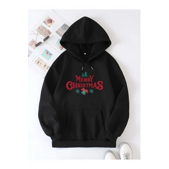 Yılbaşı Merry Christmas Baskılı Oversize Kapüşonlu Sweatshirt Hoodie - Siyah